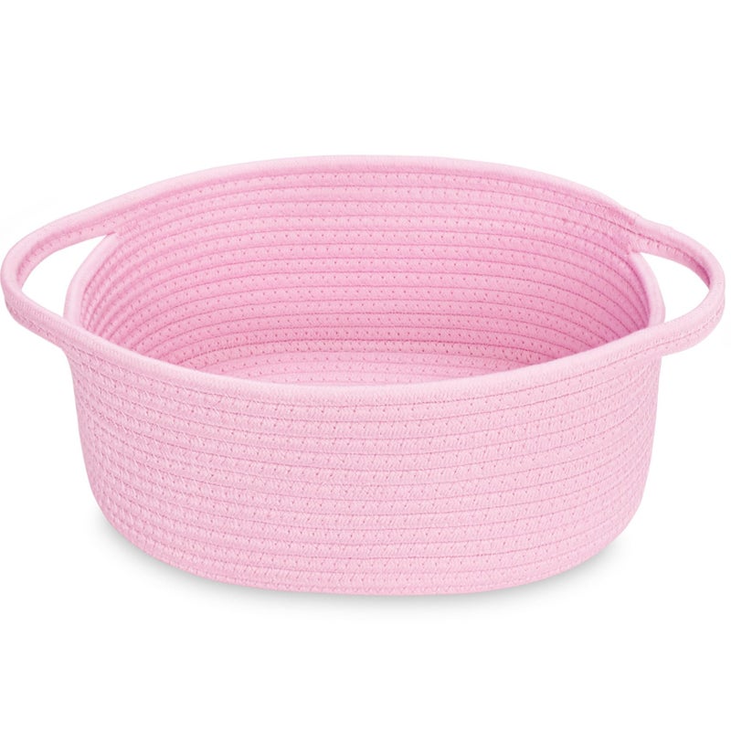 ABenkle Small Basket, 12"x 8" x 5" Cute Small Woven Basket, Rope Room Shelf Storage Basket, Cat Dog Toys Basket Chest Box, Decorative Empty Gift Basket with Handles - All PInk - Image 1