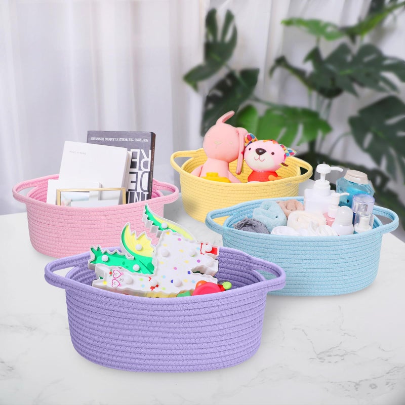 ABenkle Small Basket, 12"x 8" x 5" Cute Small Woven Basket, Rope Room Shelf Storage Basket, Cat Dog Toys Basket Chest Box, Decorative Empty Gift Basket with Handles - All PInk - Image 4