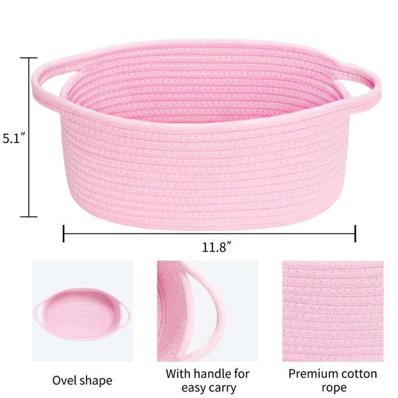 ABenkle Small Basket, 12"x 8" x 5" Cute Small Woven Basket, Rope Room Shelf Storage Basket, Cat Dog Toys Basket Chest Box, Decorative Empty Gift Basket with Handles - All PInk - Image 2