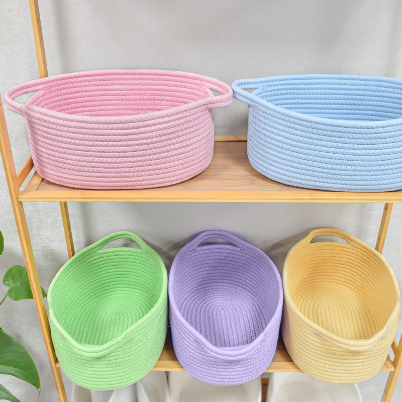 ABenkle Small Basket, 12"x 8" x 5" Cute Small Woven Basket, Rope Room Shelf Storage Basket, Cat Dog Toys Basket Chest Box, Decorative Empty Gift Basket with Handles - All PInk - Image 3