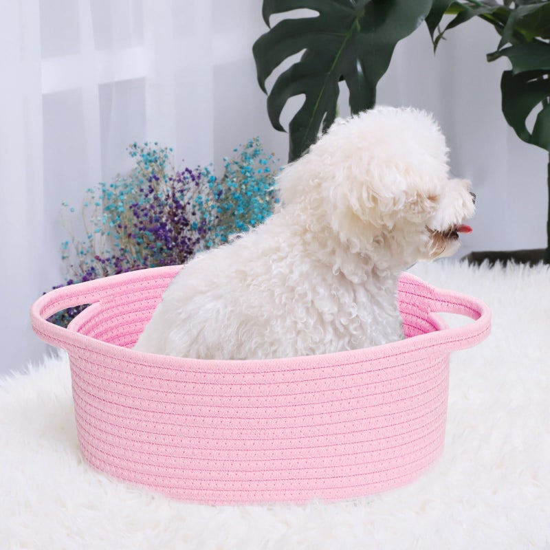 ABenkle Small Basket, 12"x 8" x 5" Cute Small Woven Basket, Rope Room Shelf Storage Basket, Cat Dog Toys Basket Chest Box, Decorative Empty Gift Basket with Handles - All PInk - Image 5