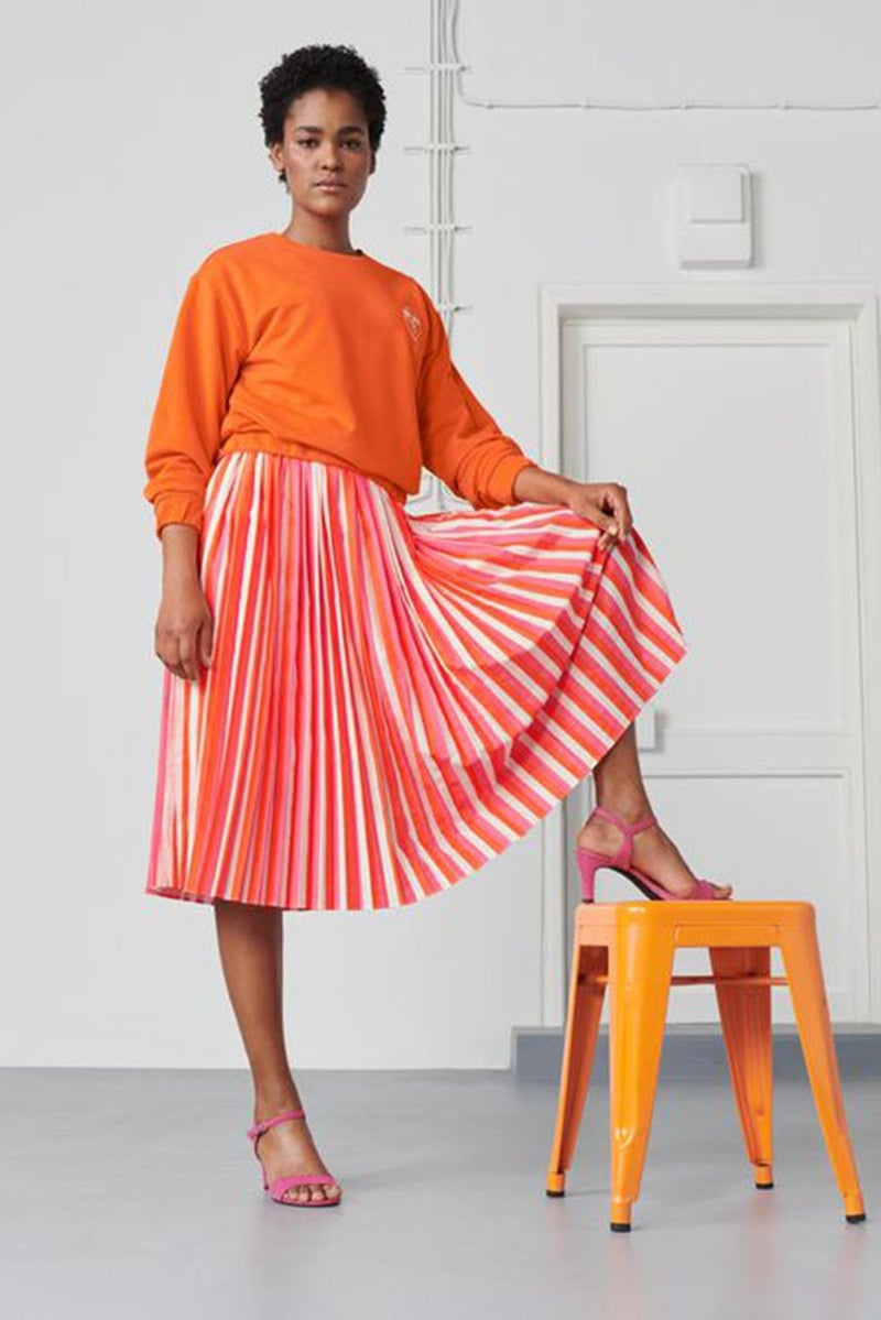Tchibo Women Stripe Pleated A,Line Skirt, Pink and Orange Combo - Image 1