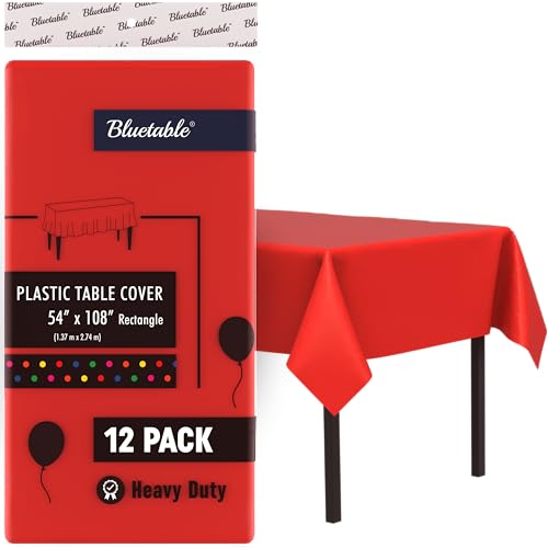Bluetable Plastic Tablecloth Red Disposable 12 Pack Bulk Ultra Heavy Duty  Rectangle Table Cloth 54 x 108 6 Foot or 8 Foot Tables Red Party Birthdays Mantel de Plastico Christmas 12 Pack