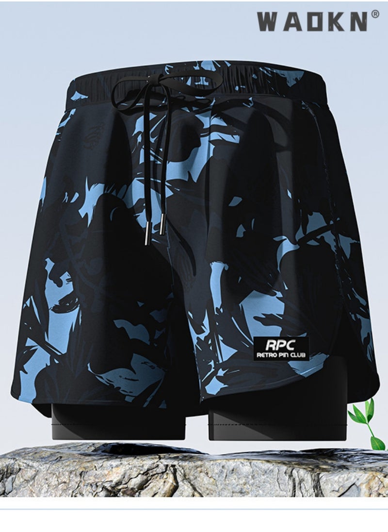 WAOKN Five-Point Sports Shorts Fake Two-Piece Quick Drying Double Layer Basketball Pants Anti-Light Running Fitness Comfortable Outdoor Sports Cropped Breathable Fabric Quick Drying Beach Pants Summer  - Image 2