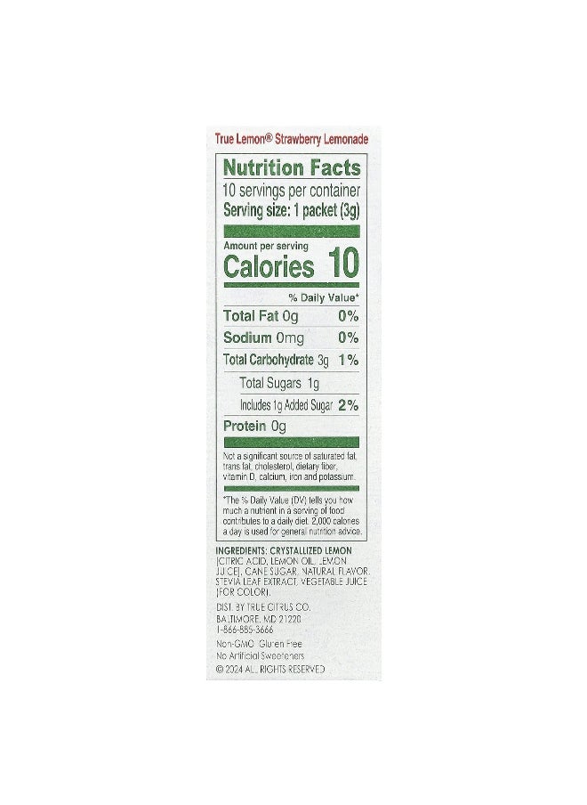 True Citrus True Citrus, True Lemon®, Strawberry Lemonade, 10 Packets, 0.11 oz (3 g) Each  - Image 2