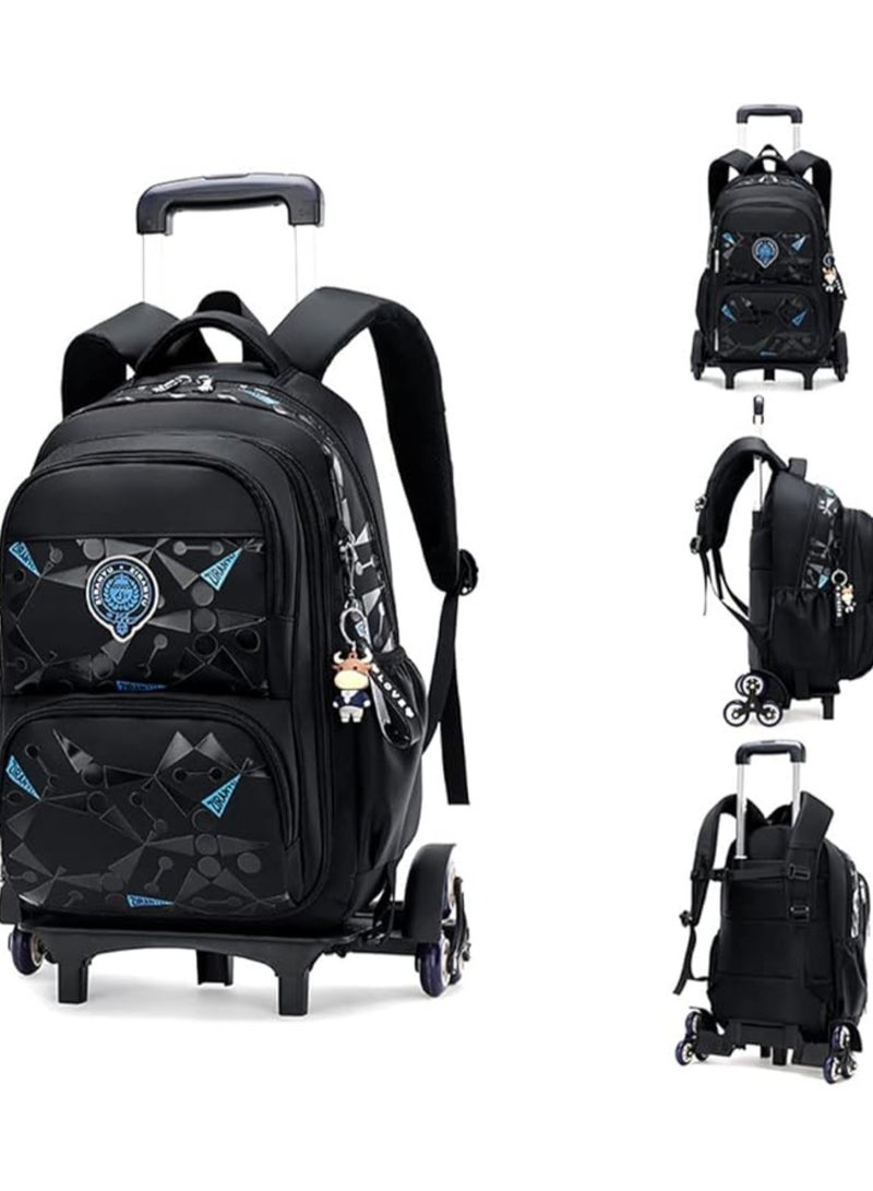 Huitich Printed 6-Wheel Trolley School Backpack Black and Blue  - Image 1