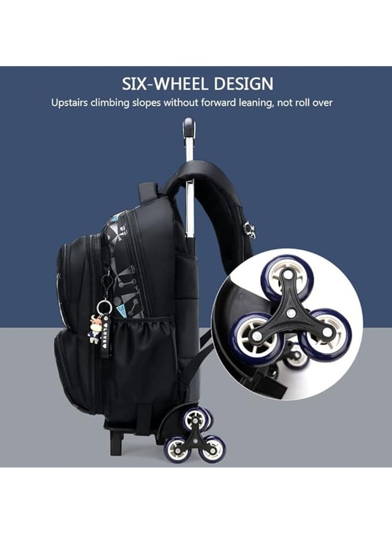 Huitich Printed 6-Wheel Trolley School Backpack Black and Blue  - Image 2