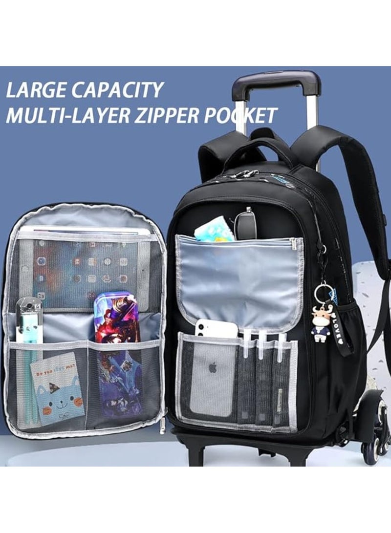Huitich Printed 6-Wheel Trolley School Backpack Black and Blue  - Image 4