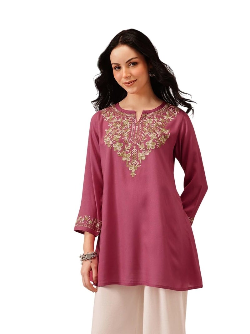 QAZMI Rayon Women's Naila Kashmiri Regular Fit A-Line Short Kurti_2XL, Pink - Image 1
