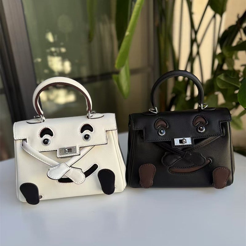 Kelly Bag Contrast Color Head Layer Cowhide Toy Bag Shoulder Crossbody Handbag Smiley Face Bag Casual Small Square Bag - Image 2