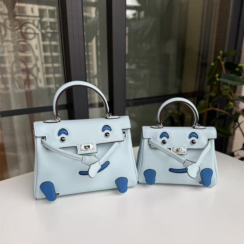 Kelly Bag Contrast Color Head Layer Cowhide Toy Bag Shoulder Crossbody Handbag Smiley Face Bag Casual Small Square Bag - Image 3
