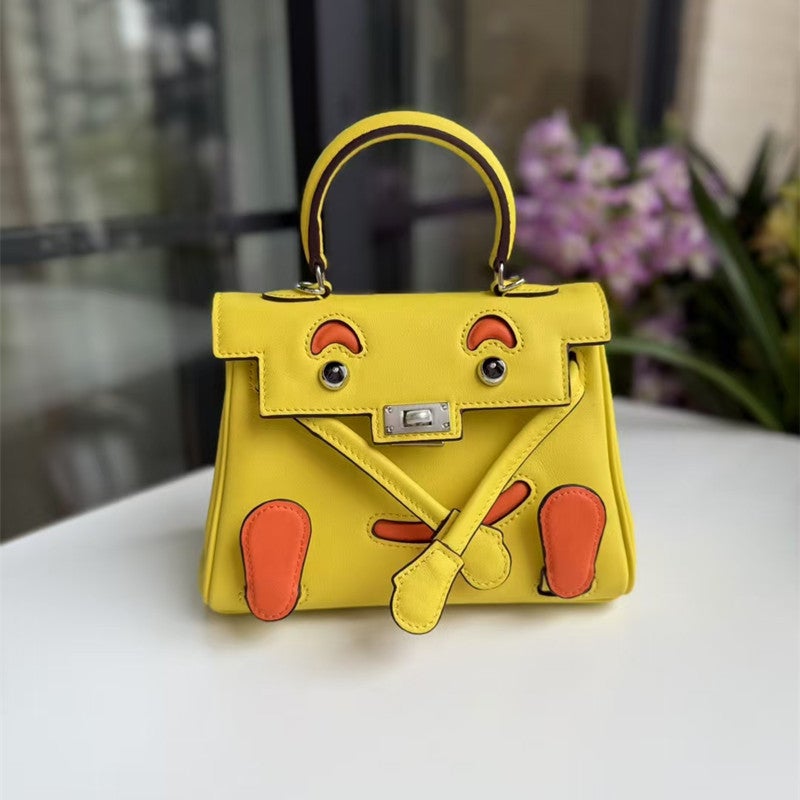 Kelly Bag Contrast Color Head Layer Cowhide Toy Bag Shoulder Crossbody Handbag Smiley Face Bag Casual Small Square Bag - Image 1