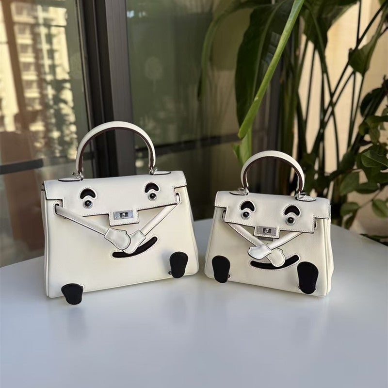 Kelly Bag Contrast Color Head Layer Cowhide Toy Bag Shoulder Crossbody Handbag Smiley Face Bag Casual Small Square Bag - Image 5