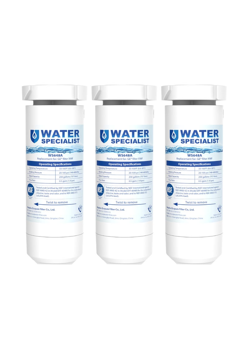 Waterspecialist WS648A Replacement for GE XWF NSF Certified Refrigerator Water Filter 3 Filters Not XWFE