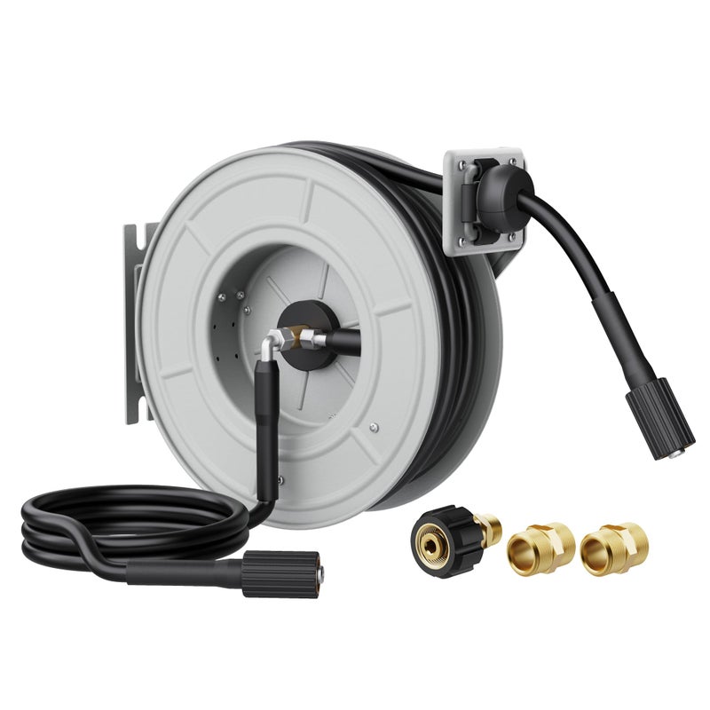Giraffe Tools Pressure Washer Hose Reel 65ft, 3200 PSI Power Washer Hose Reel, Pressure Washer Retractable Hose Reel, Heavy Duty, Wall/Floor Mounted, Silver - Image 1