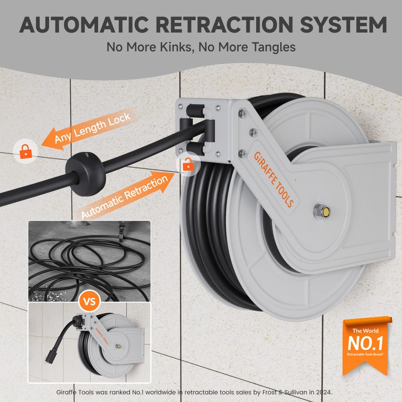 Giraffe Tools Pressure Washer Hose Reel 65ft, 3200 PSI Power Washer Hose Reel, Pressure Washer Retractable Hose Reel, Heavy Duty, Wall/Floor Mounted, Silver - Image 2