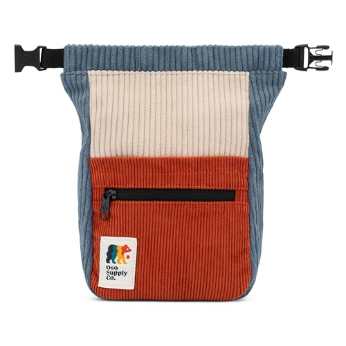 Oso Supply Co Retro Corduroy Bouldering Bucket Large Size Freestanding Chalk Bag for Rock Climbing Magnetic Roll Down Closure Dual Brush Loops Zippered Pockets and Pouch Blue Clay and Cream - Image 1