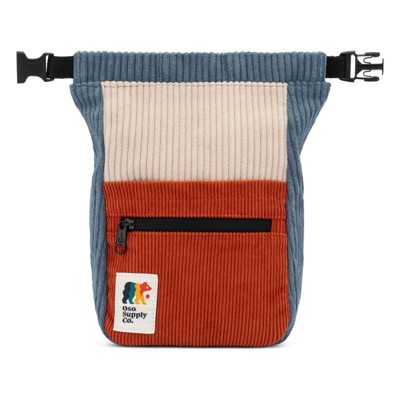 Oso Supply Co Retro Corduroy Bouldering Bucket Large Size Freestanding Chalk Bag for Rock Climbing Magnetic Roll Down Closure Dual Brush Loops Zippered Pockets and Pouch Blue Clay and Cream - Image 2
