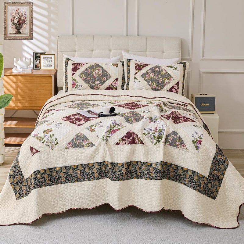 Cmfshape Floral Quilt Sets Bedspread Set 100% Cotton Patchwork Bedding Set,All Season Use Lightweight Reversible Coverlet Quilts with 2 Pillow Shams(Queen 92"x96") - Image 1