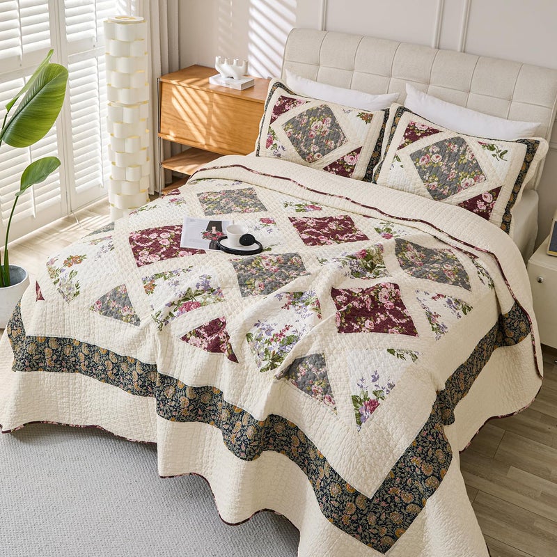 Cmfshape Floral Quilt Sets Bedspread Set 100% Cotton Patchwork Bedding Set,All Season Use Lightweight Reversible Coverlet Quilts with 2 Pillow Shams(Queen 92"x96") - Image 3