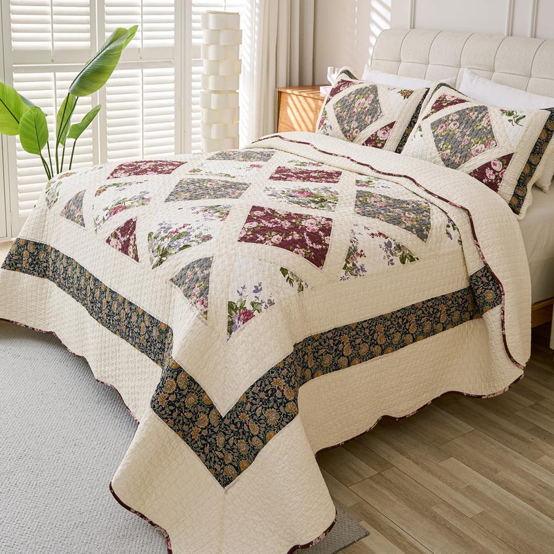Cmfshape Floral Quilt Sets Bedspread Set 100% Cotton Patchwork Bedding Set,All Season Use Lightweight Reversible Coverlet Quilts with 2 Pillow Shams(Queen 92"x96") - Image 4