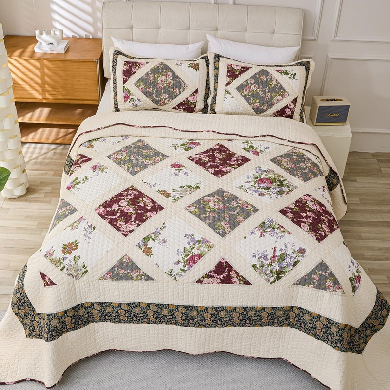 Cmfshape Floral Quilt Sets Bedspread Set 100% Cotton Patchwork Bedding Set,All Season Use Lightweight Reversible Coverlet Quilts with 2 Pillow Shams(Queen 92"x96") - Image 5