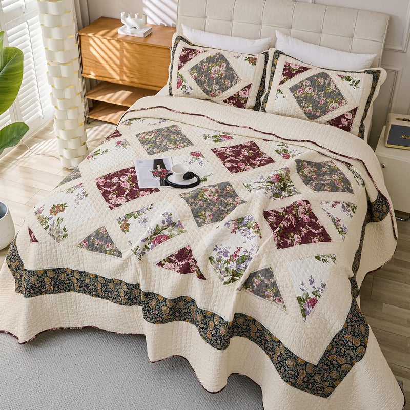 Cmfshape Floral Quilt Sets Bedspread Set 100% Cotton Patchwork Bedding Set,All Season Use Lightweight Reversible Coverlet Quilts with 2 Pillow Shams(Queen 92"x96") - Image 2
