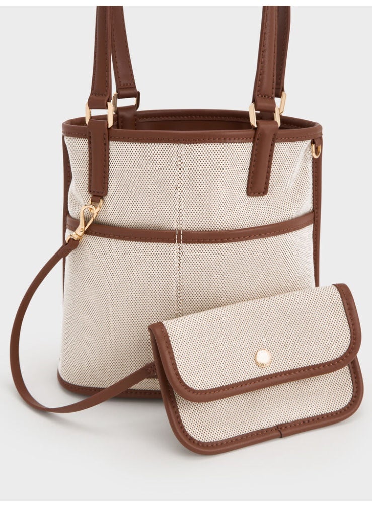 Charles & Keith Addison Canvas Knotted-Rope Reversible Tote Bag & Shoulder Bag with Pouch - Beige Canvas & Warm Brown Faux-leather - Image 3