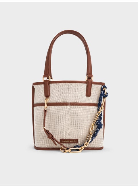 Charles & Keith Addison Canvas Knotted-Rope Reversible Tote Bag & Shoulder Bag with Pouch - Beige Canvas & Warm Brown Faux-leather