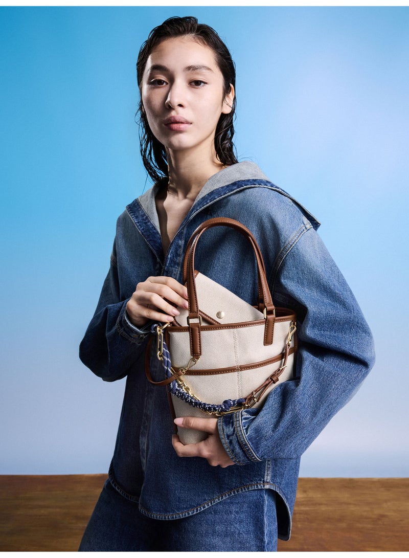 Charles & Keith Addison Canvas Knotted-Rope Reversible Tote Bag & Shoulder Bag with Pouch - Beige Canvas & Warm Brown Faux-leather - Image 4