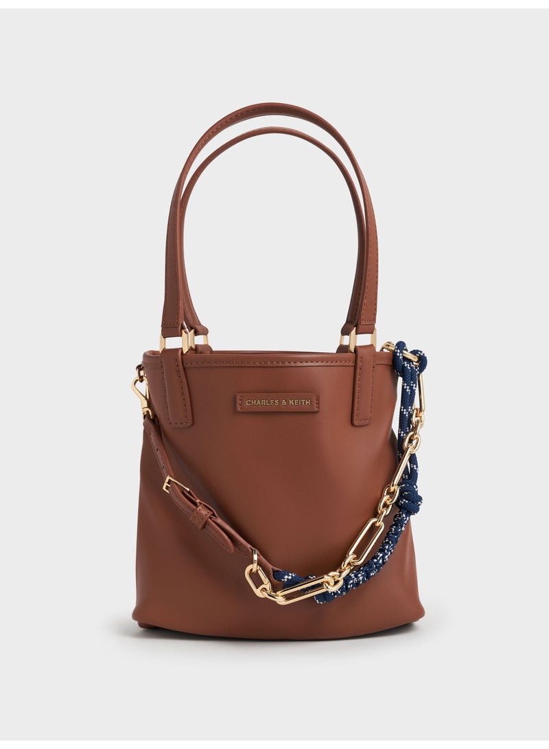 Charles & Keith Addison Canvas Knotted-Rope Reversible Tote Bag & Shoulder Bag with Pouch - Beige Canvas & Warm Brown Faux-leather - Image 5