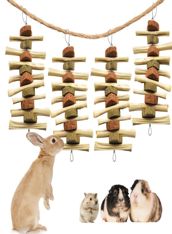 kathson 4 Pcs Bunny Chew Toys for Teeth,Rabbit Hanging Chew Toy Grinding Natural Sweet Bamboo Sticks with Timothy Hay Grass and Carrot Cake for Improve Rodent Small Animals Dental Health - Image 1