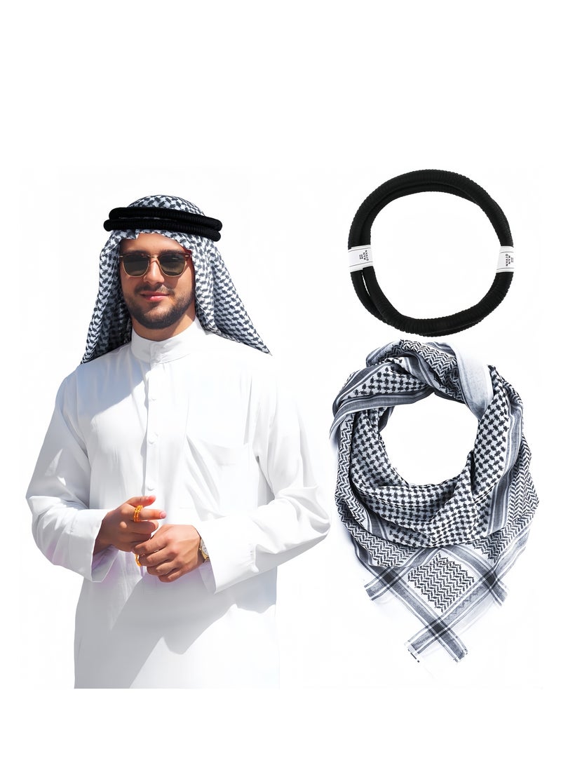Lee Yon Men Headscarf with Aqel Rope, Arab Keffiyeh Shemagh Turban,Desert Keffiyeh Casual Headwear Scarf Neck Wrap Head Cover Turban Cap, Black/White  - Image 1