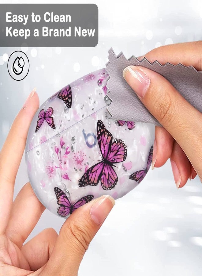 CameCosy Butterflies Marble Shell Design for Beats Studio Buds Case with Pearl Wrist Chain Keychain for Women Girls Pretty Colorful Sparkle Bling Cute for Beats Studio Buds Protective Skin Cover - Image 2