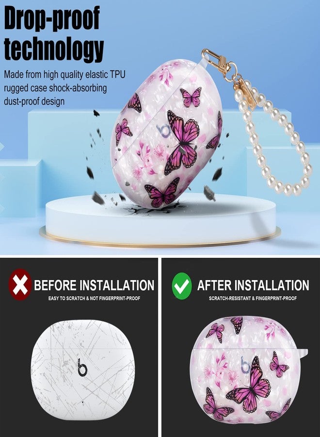 CameCosy Butterflies Marble Shell Design for Beats Studio Buds Case with Pearl Wrist Chain Keychain for Women Girls Pretty Colorful Sparkle Bling Cute for Beats Studio Buds Protective Skin Cover - Image 3