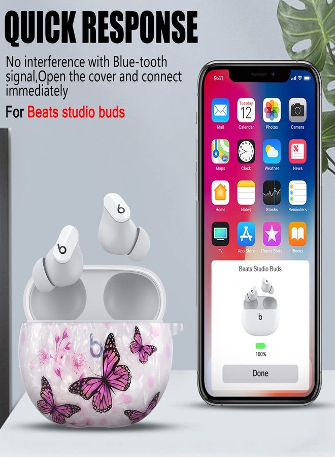 CameCosy Butterflies Marble Shell Design for Beats Studio Buds Case with Pearl Wrist Chain Keychain for Women Girls Pretty Colorful Sparkle Bling Cute for Beats Studio Buds Protective Skin Cover - Image 4