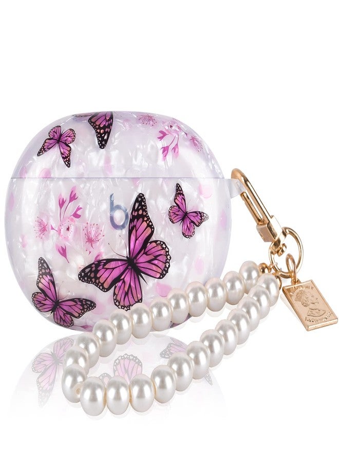 CameCosy Butterflies Marble Shell Design for Beats Studio Buds Case with Pearl Wrist Chain Keychain for Women Girls Pretty Colorful Sparkle Bling Cute for Beats Studio Buds Protective Skin Cover - Image 1
