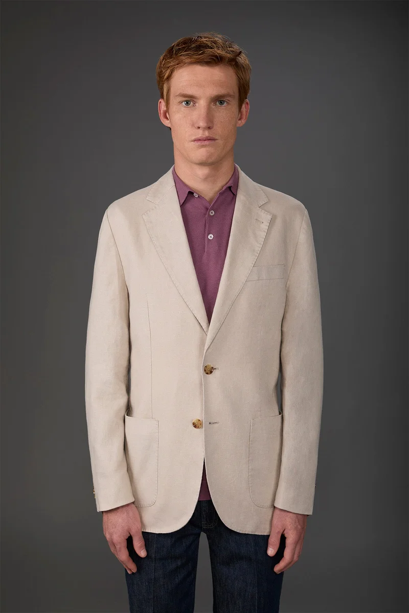 Doppelganger Brown Men's unlined single-breasted jacket with classic lapels and patch pockets - Beige for Men | Best Price UAE