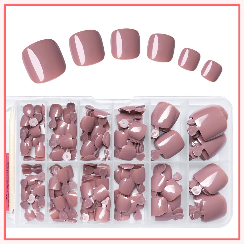LuckForever 168pc Press on Toenails Women Fake Toe Nails with Glue Tabs, Coffee Fake Toenails Press on Nail Short Square Toe Nails Press ons Glue Toenail Feet False Artificial Acrylic Toe Nail Tips - Image 5