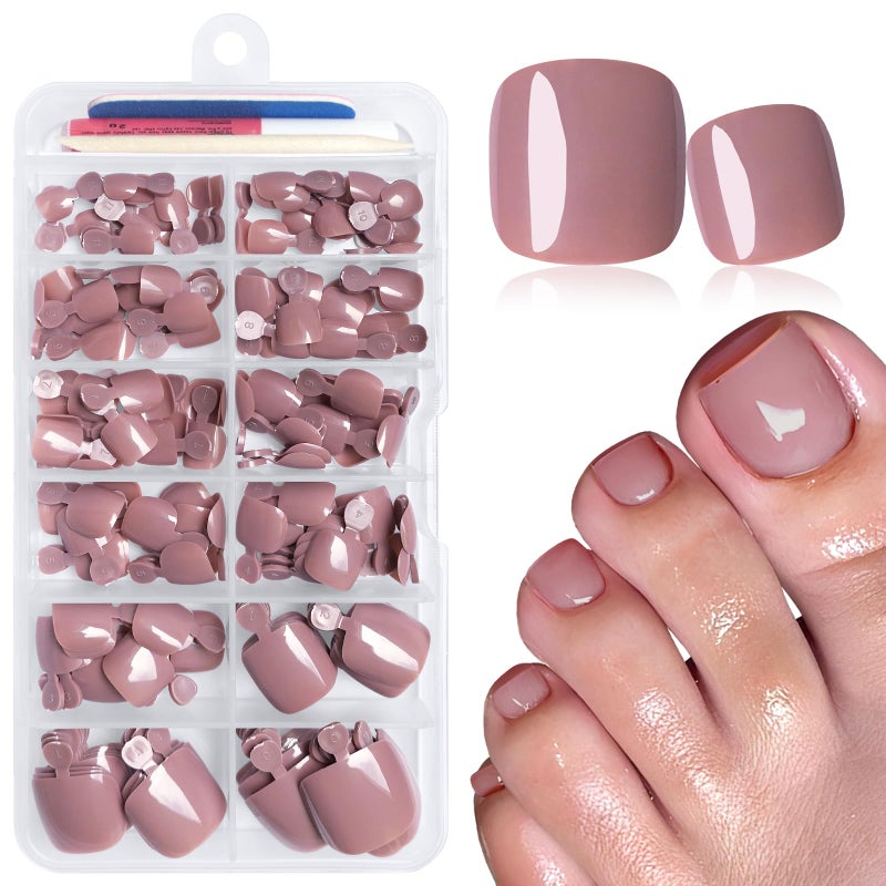 LuckForever 168pc Press on Toenails Women Fake Toe Nails with Glue Tabs, Coffee Fake Toenails Press on Nail Short Square Toe Nails Press ons Glue Toenail Feet False Artificial Acrylic Toe Nail Tips - Image 1