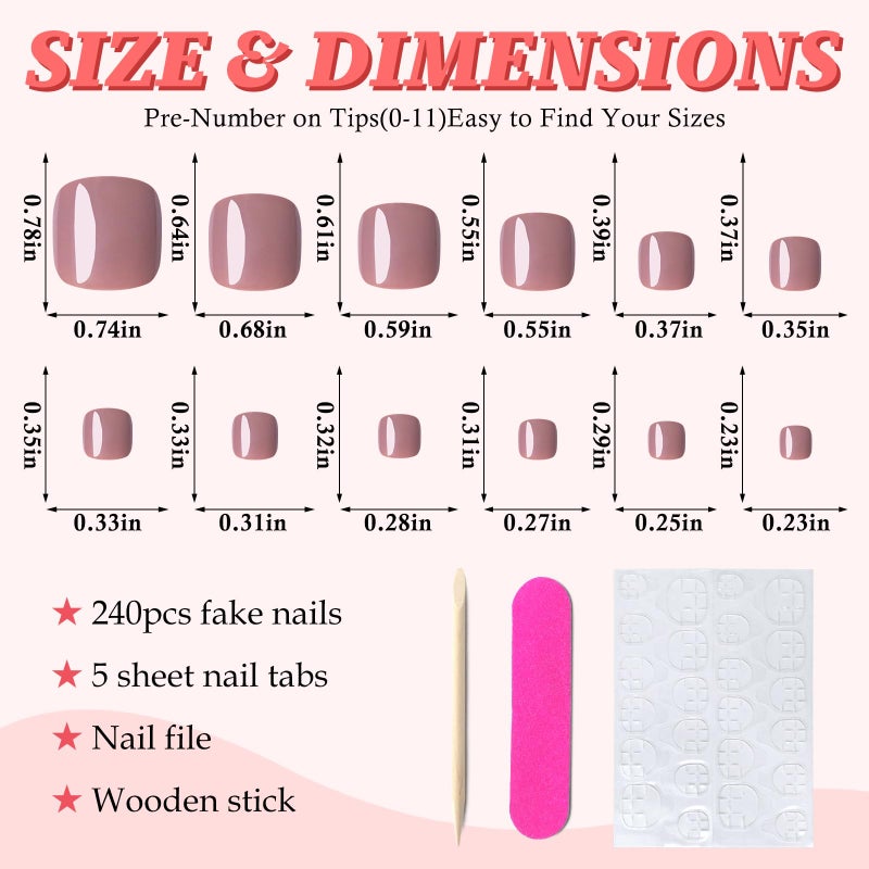 LuckForever 168pc Press on Toenails Women Fake Toe Nails with Glue Tabs, Coffee Fake Toenails Press on Nail Short Square Toe Nails Press ons Glue Toenail Feet False Artificial Acrylic Toe Nail Tips - Image 2