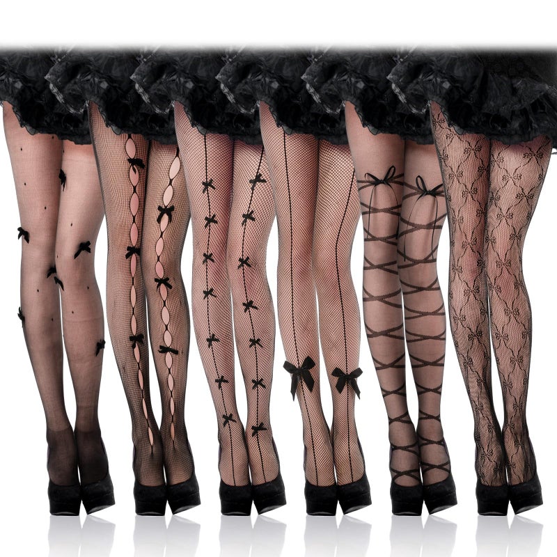Jeere 6 Pairs Stockings Tights Fishnet Tights Bow Star High Waist Stockings Lace Ripped Gothic Leggings Valentine's Party(Bow) - Image 1