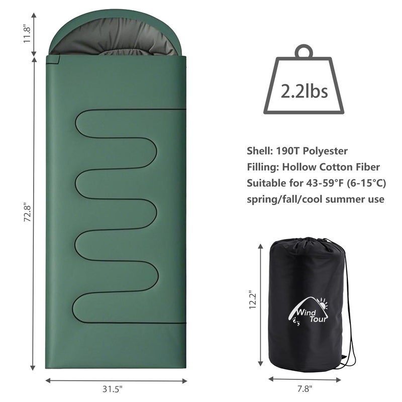 Wind Tour 3 Season Lightweight Waterproof Sleeping Bag Indoor & Outdoor for Hiking Backpacking Camping Traveling (2.2 lb | Green) - Image 2