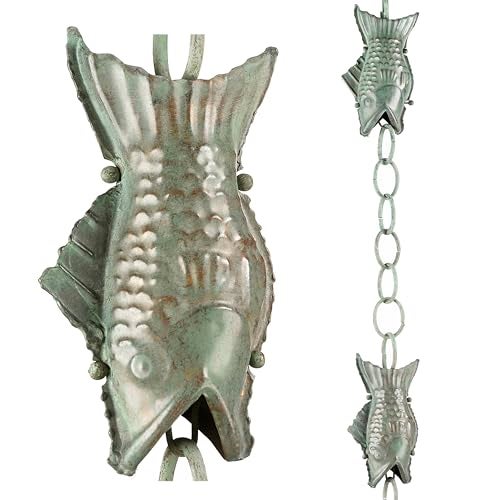 Good Directions 487V1-8 Fish Rain Chain 8-1/2 Feet Long, Large Wide Mouthed Fish, 100% Blue Verde Pure Copper - Image 1