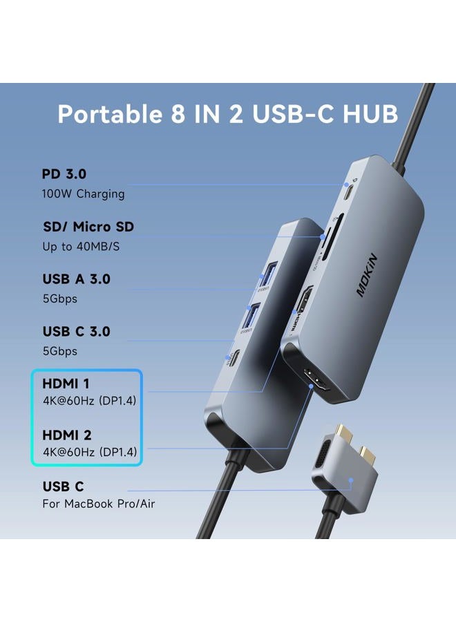 Mokin USB C to Dual HDMI Multiport Adapter USB C Hub for MacBook Pro, 8 in 1 Thunderbolt 3 Adapter Mac Dongle MacBook with 2 HDMI(4K @60Hz), 3USB3.0,SD TF Card Reader and 100W PD USB C Port - Image 3