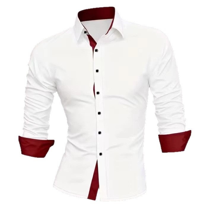 Men's Business Casual Wrinkle-Free Long Sleeve Shirt, Contrast Collar, Solid Color