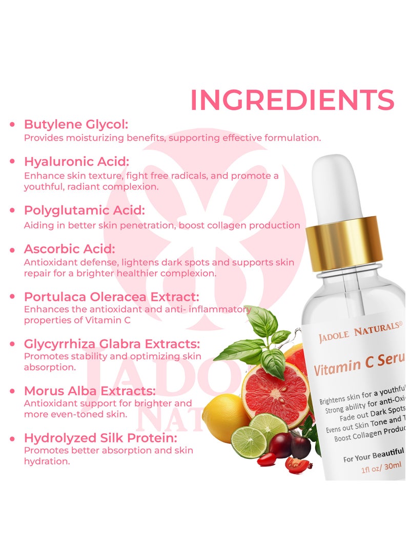 Jadole Naturals Vitamin C Face Serum - 30ml, Ethyl Ascorbic Acid & Hyaluronic Acid for Skin Brightening - Image 3
