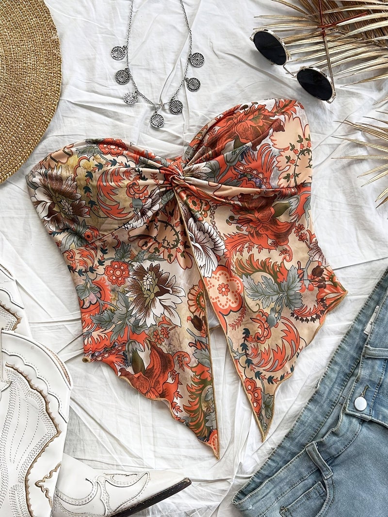 2025 Printed Asymmetrical Hem Vest Holiday Style Chest Wrapped Cross Strapless Top Shoulder Top - Image 1