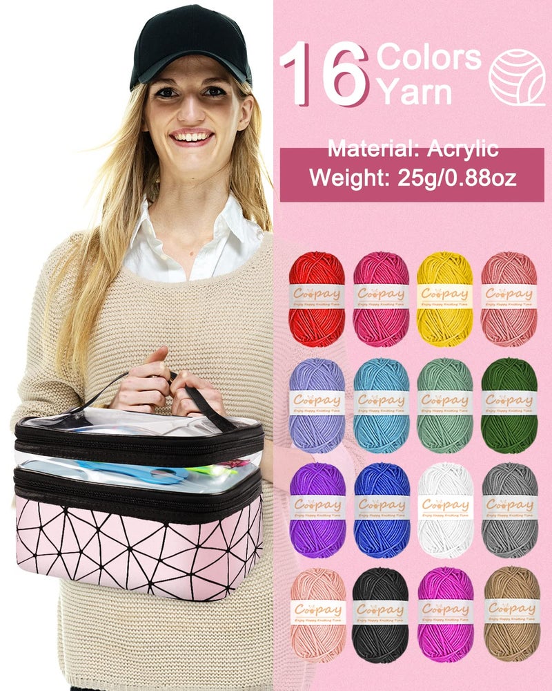 Coopay Crochet Kit for Beginner Adult Kids, 16 Colors Yarn, Portable, Double-Layer Case, Suitable for Kids & Adults - Image 4