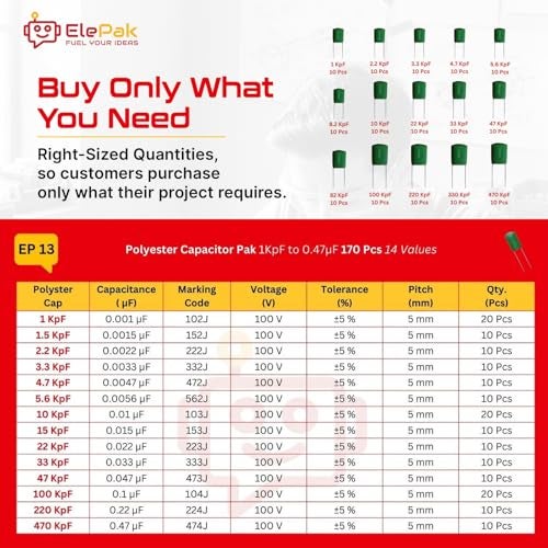 ElePak Polyester Capacitor - (180 Pcs) 1KpF to 0.47µF - 5% Tolerance, Voltage Rating 50V - Electronic Components Kit - Ideal for Energy Storage, Timing Circuits, Power Supplies - Image 4